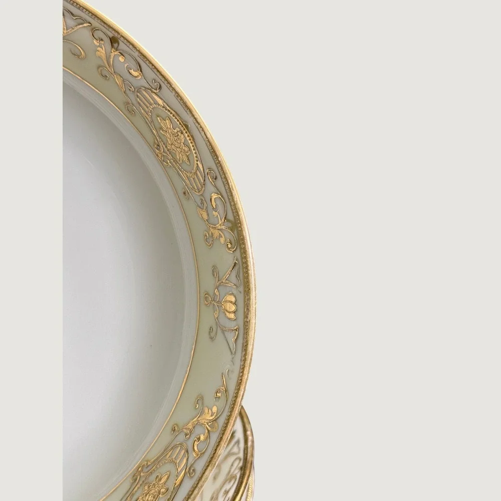 Four Vintage Noritake Christmas Ball 175 Gold Scroll Floral 7.5
